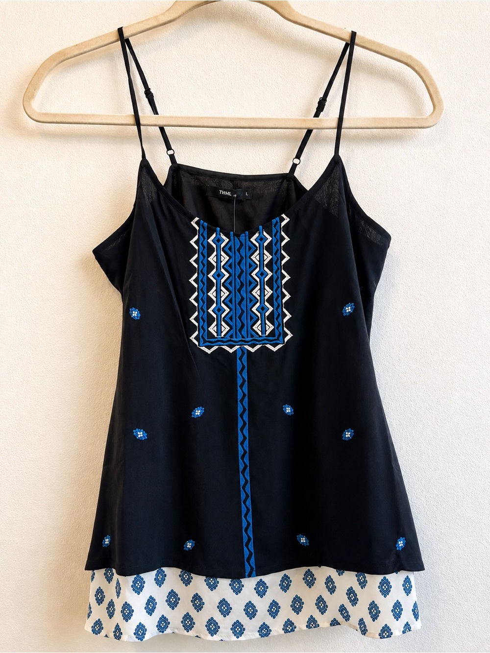 Tinsel Black Camisole with Blue and White Embroidery